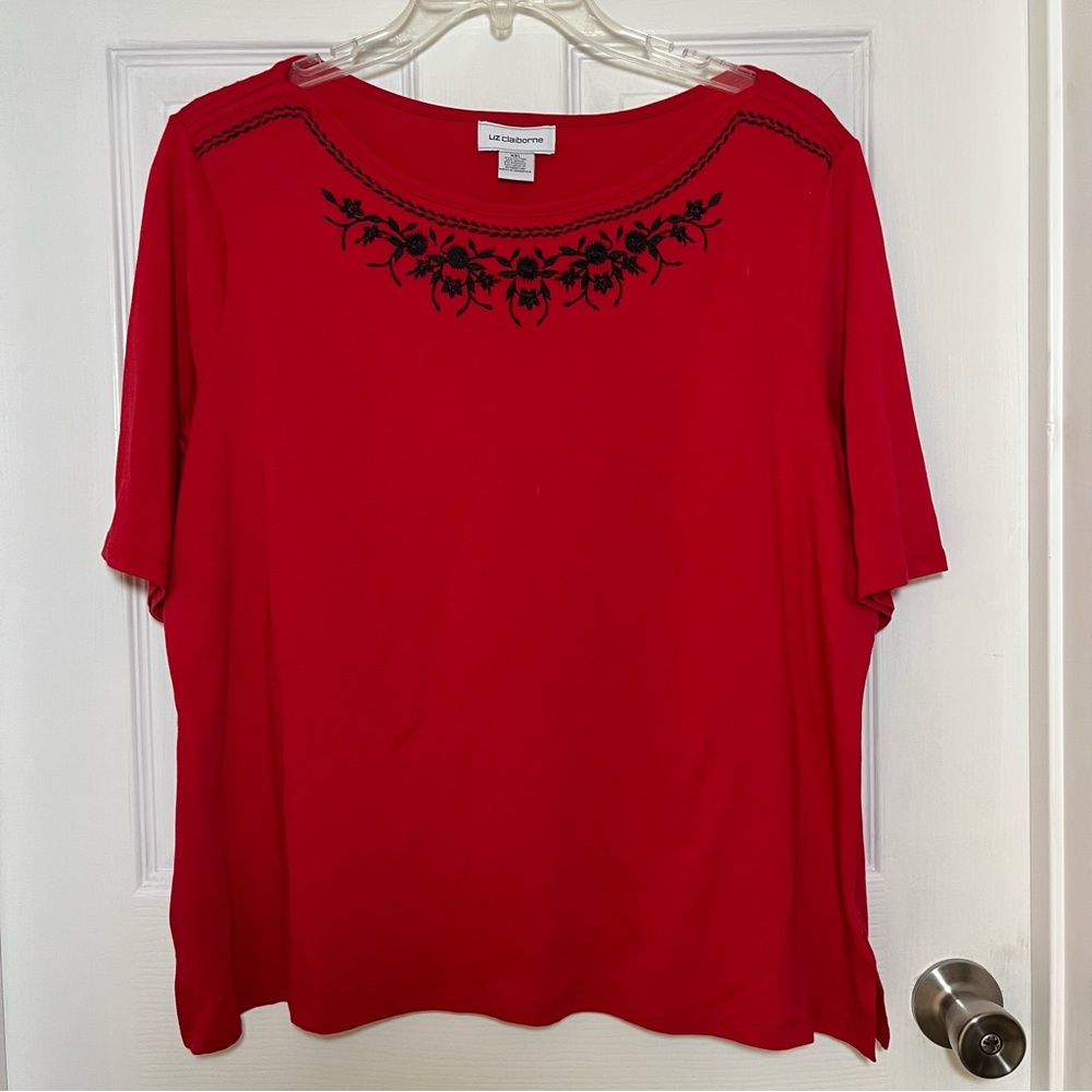 Liz Claiborne Plus Red Top with Black Embroidery